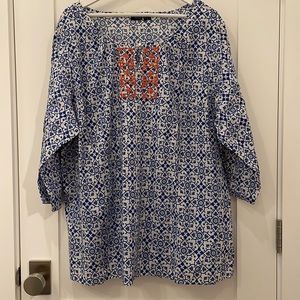3X Cotton blue Pattern tunic with orange beaded accent at front collar